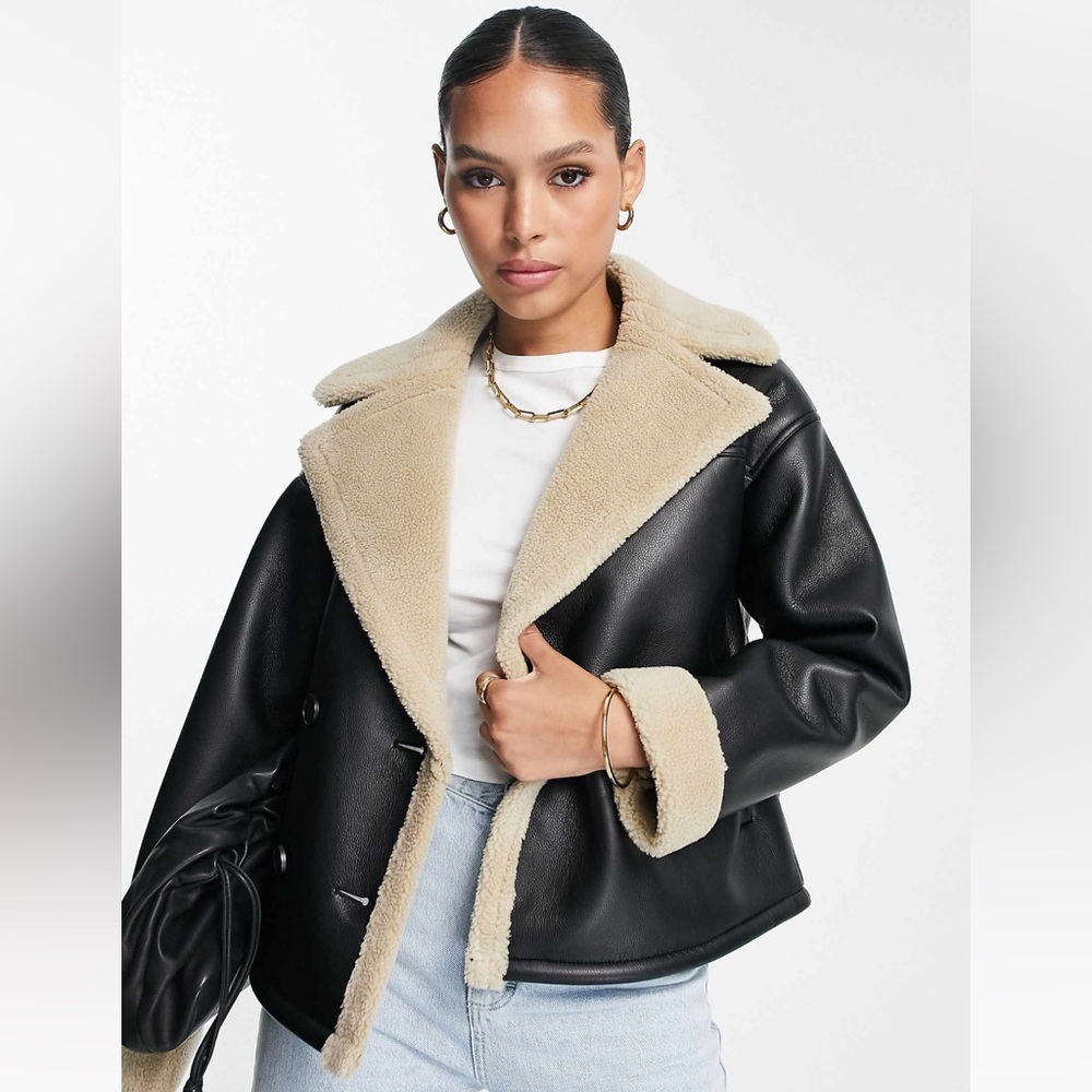 Fall/ Spring Black and Cream Faux Leather Jacket